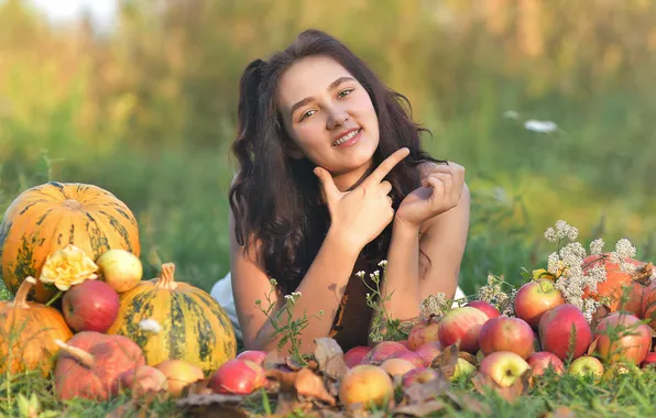 Autumn, summer, look, girl, nature, pose, smile, apples