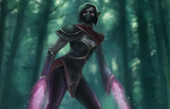 Picture forest, girl, magic, caution, art, Dota 2, Lana, Templar Assassin