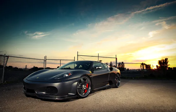 The sky, clouds, sunset, the fence, F430, Ferrari, Ferrari, the front part