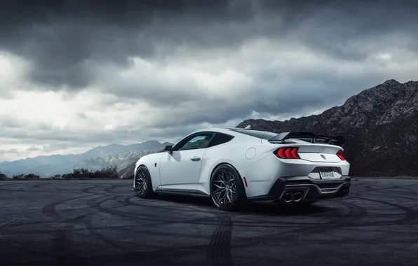 Mustang, Ford, Clouds, Ford Mustang, Mountain, White, Muscle Car, Rear