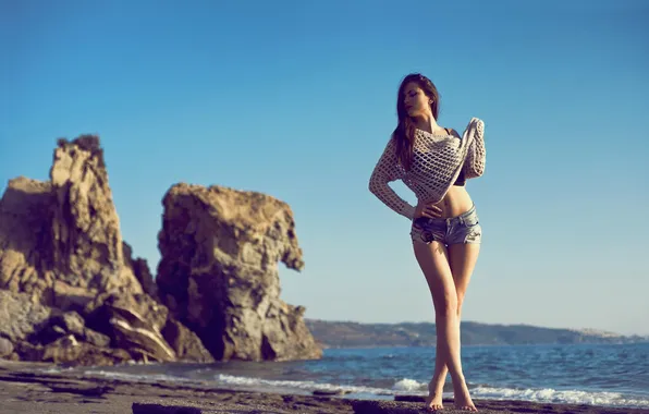 Sea, beach, the sun, landscape, sexy, pose, stones, model