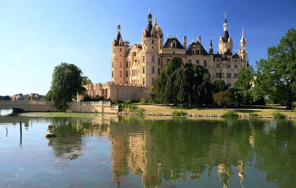 The sky, trees, bridge, river, castle