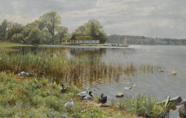 Picture 1937, Danish painter, Peter Merk Of Menstad, Peder Mørk Mønsted, Danish realist painter, Ducks at …