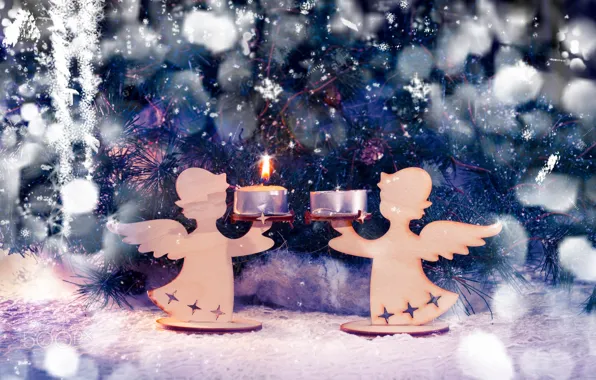 Picture snow, snowflakes, holiday, new year, candles, angels, tree, figures