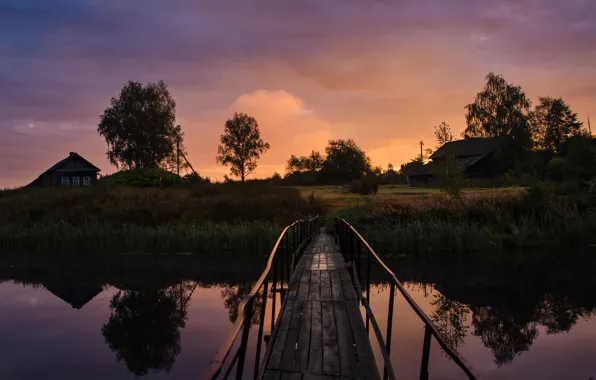 Sunset, The sky, Water, Bridge, River, Village, Clouds, Landscape