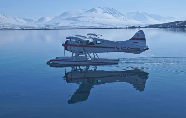 Water, mountains, reflection, Sweden, hydroplane