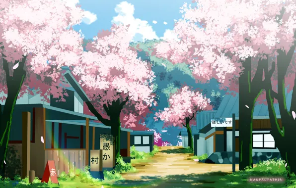 prompthunt: anime art style cityscape, spring season anime city with cherry  blossoms in the wind, day time sun in the sky, sun flare, clear weather,  japan, detailed and sharp, artstation, wallpaper, kyoto