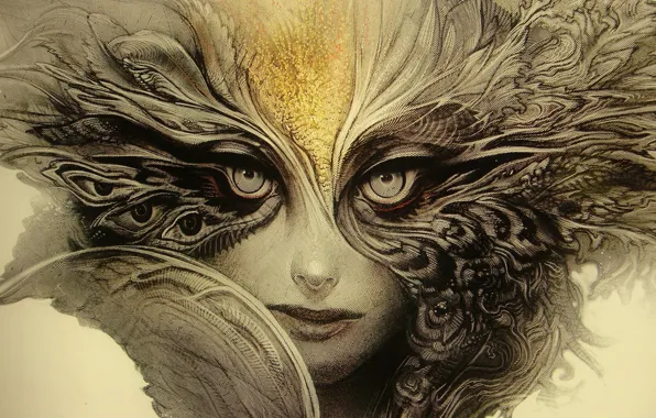 Picture woman, eyes, feathers, look