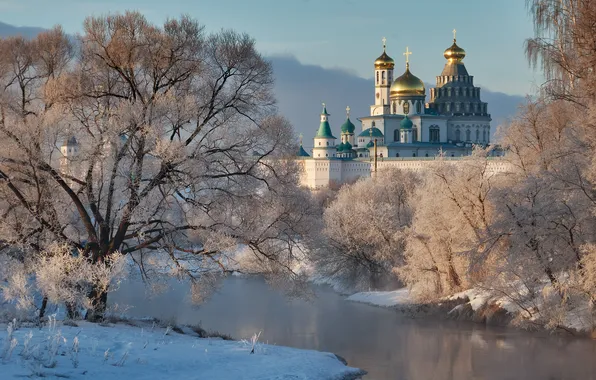 Picture snow, trees, river, temple, Russia, the monastery, frost, Moscow oblast