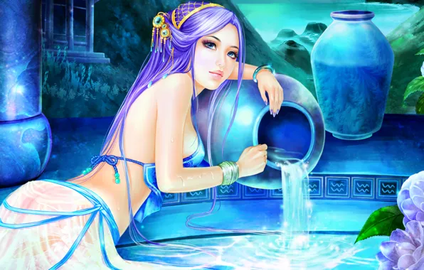 Picture look, water, girl, face, hair, hands, art, zodiac sign
