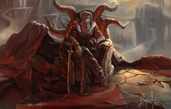 Stones, rocks, blood, glass, sword, the demon, art, chain