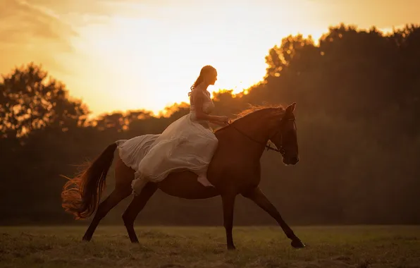 Picture girl, sunset, horse