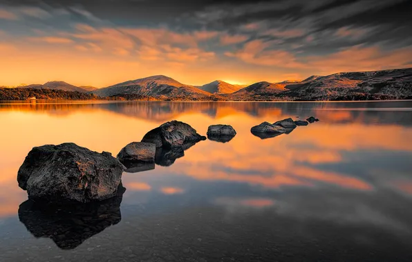 Picture the sky, clouds, mountains, lake, stones, glow