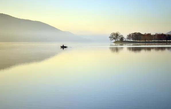 Fog, lake, boat
