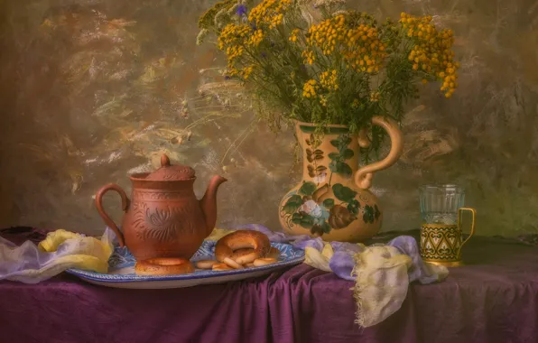 Flowers, glass, table, bouquet, kettle, the tea party, fabric, pitcher