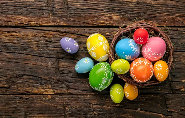 Colorful, Easter, happy, wood, spring, Easter, eggs, holiday