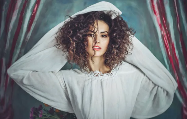 Look, girl, face, pose, background, white, portrait, hands