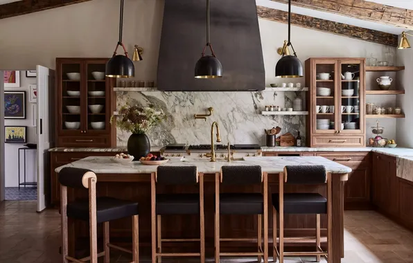 Design, style, room, interior, USA, California, Designer walnut and marble kitchen, Montecito