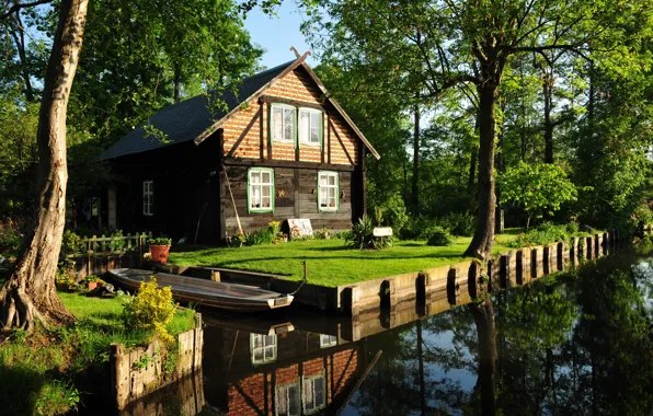 House, boat, garden, channel
