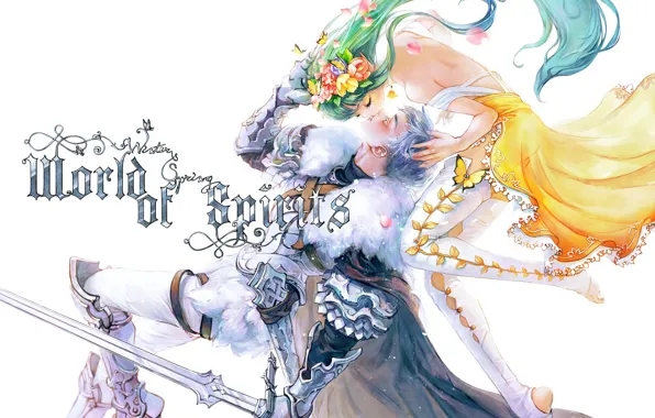 Girl, flowers, kiss, fairy, guy, knight, two