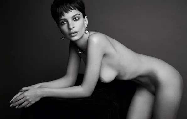 Black & white, model, lips, nude, look, actress, Emily Ratajkowski, jewelry