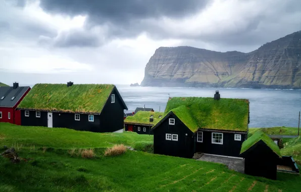 Download wallpaper sea, mountains, rocks, shore, houses, Faroe Islands ...