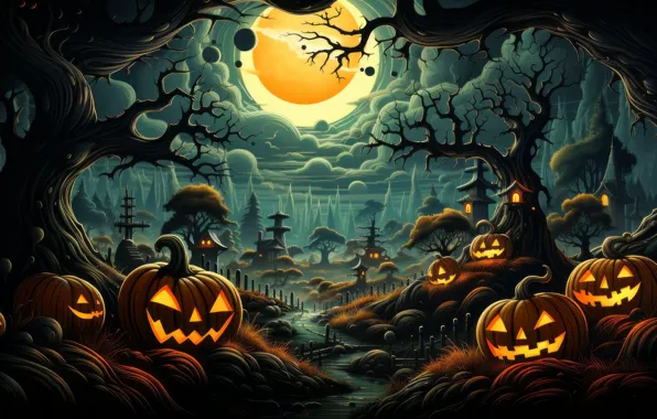Night, The moon, Pumpkin, Halloween, Holiday, digital art, digital art, AI art