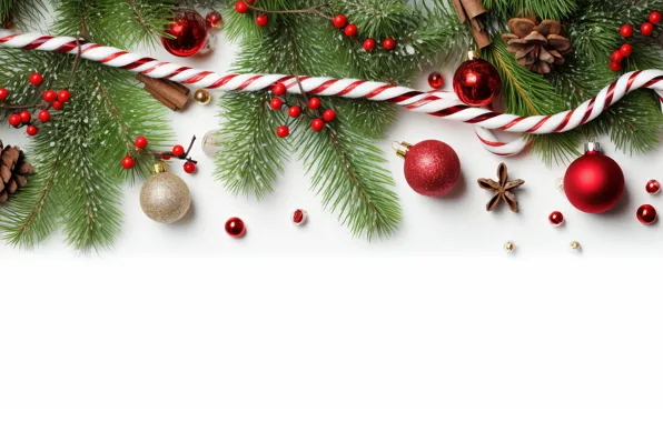 Balls, branches, Christmas, red, white background, New year, needles, bumps