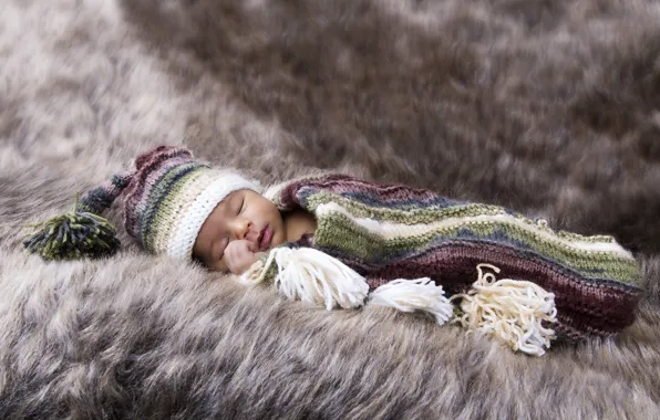Baby, sleeping, fur, cap, baby