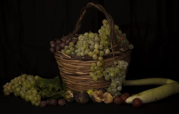 The dark background, grapes, fruit, still life, basket, vegetables, tomatoes, figs