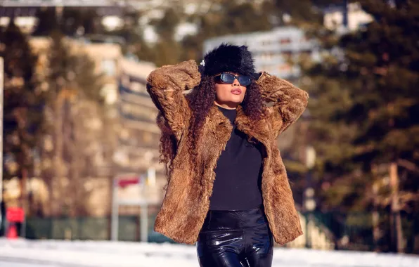 Winter, girl, pose, hat, glasses, curls, Nicole, long hair