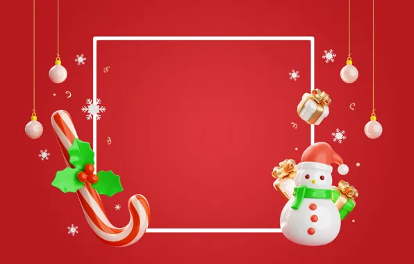 Balls, snowflakes, rendering, box, gift, toys, frame, Christmas