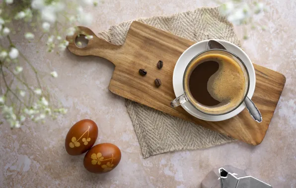 Table, holiday, pattern, coffee, eggs, spring, Easter, spoon