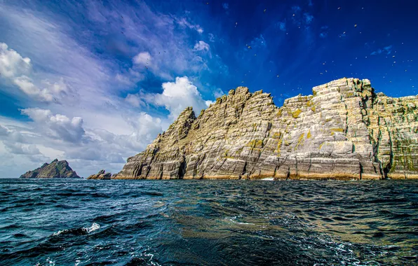 Picture wave, the sky, clouds, landscape, birds, nature, rock, the ocean