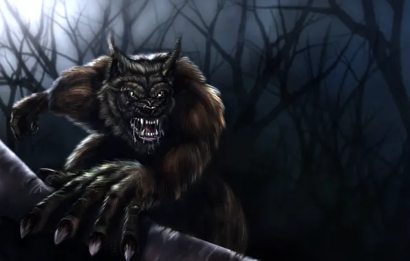 Trees, night, wolf, werewolf, Werewolf, wolfhound