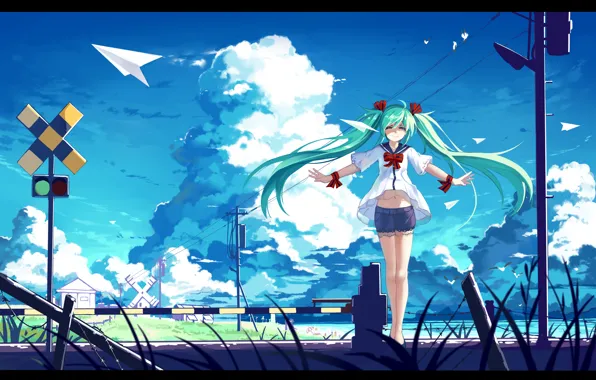 The sky, girl, clouds, birds, smile, posts, wire, anime