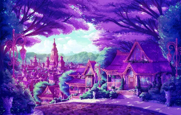 Road, mountains, tower, home, Trees