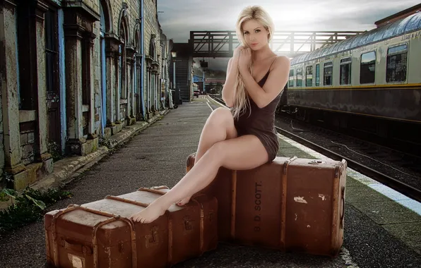 Picture girl, station, suitcases