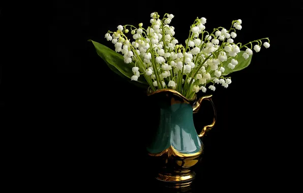 Bouquet, vase, lilies of the valley, black background