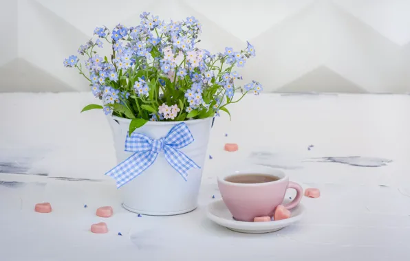 Picture flowers, bouquet, vase, forget-me-nots