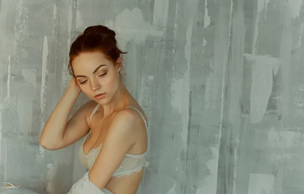 Girl, wall, portrait, makeup, hairstyle, light, red, bra