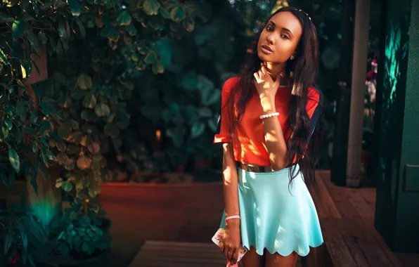 Greens, girl, skirt, makeup, garden, brunette, hairstyle, blouse