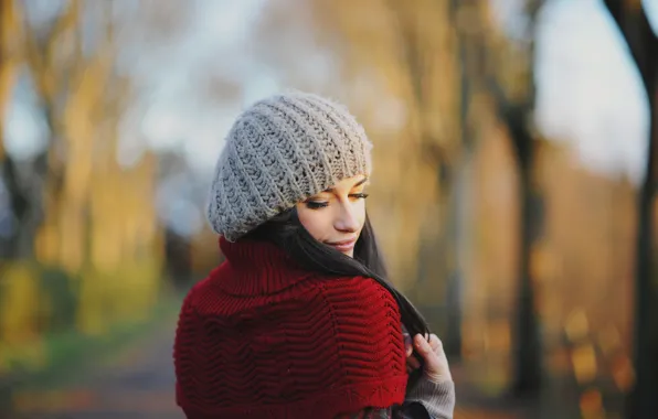 Picture autumn, look, girl, face, eyelashes, hat, jacket, binding