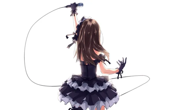 Picture back, white background, gloves, microphone, ruffles, idolmaster, shibuya rin