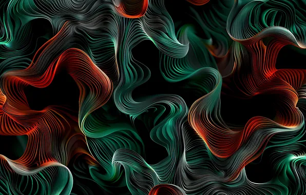 Wave, line, abstraction, green, red, black background, relief, abstract background