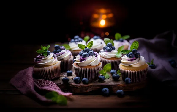 Berries, the dark background, food, candle, towel, blueberries, still life, mint