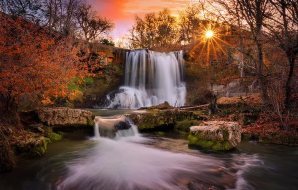 Autumn, the sun, clouds, rays, light, trees, sunset, nature