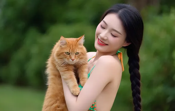 Cat, girl, braid, Chinese, bikini, Asian, long hair, red cat
