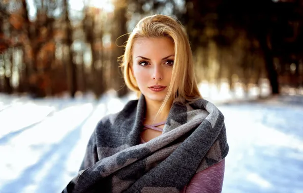 Winter, the sun, snow, trees, makeup, hairstyle, blonde, beauty