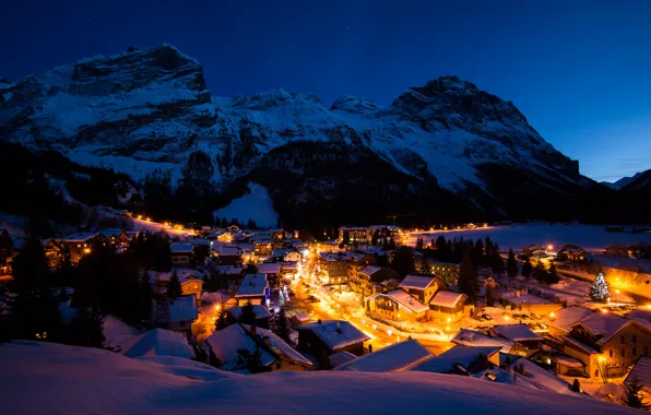 Picture winter, light, snow, mountains, night, lights, France, building